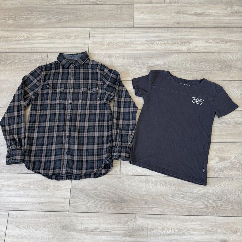 Vans Women’s Size Small Plaid Button Down Shirt and Graphic T-Shirt Bundle of 2